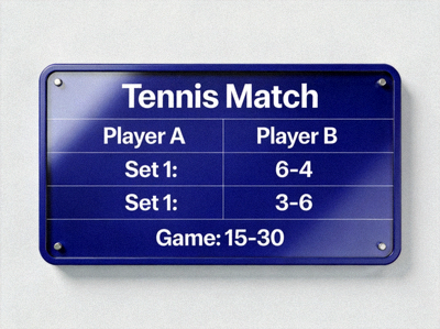 Tennis match scoreboard display showing set scores and player names